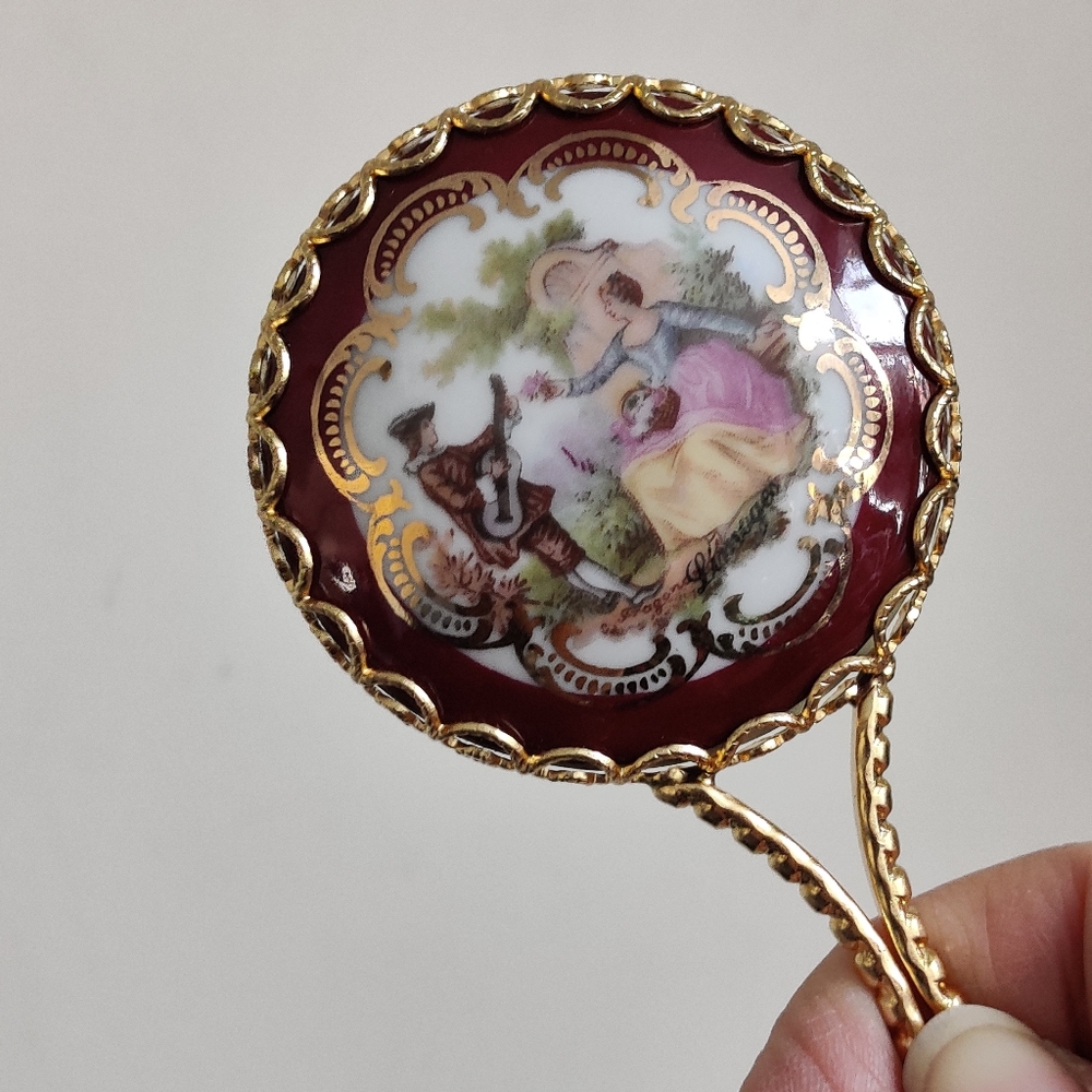 Porcelain Limoges Hand Mirror Burgundy Red and Gold Accents